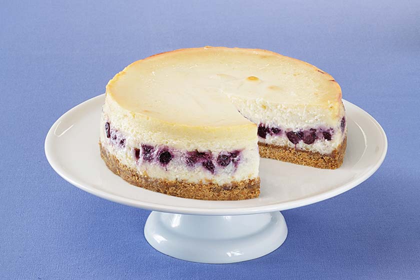 Blueberry Cheesecake on White Cake Stand